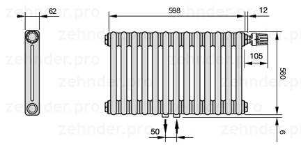 Схема (чертеж) Радиатор Zehnder Charleston 2056/13 №V008 Белый глянцевый RAL 9016